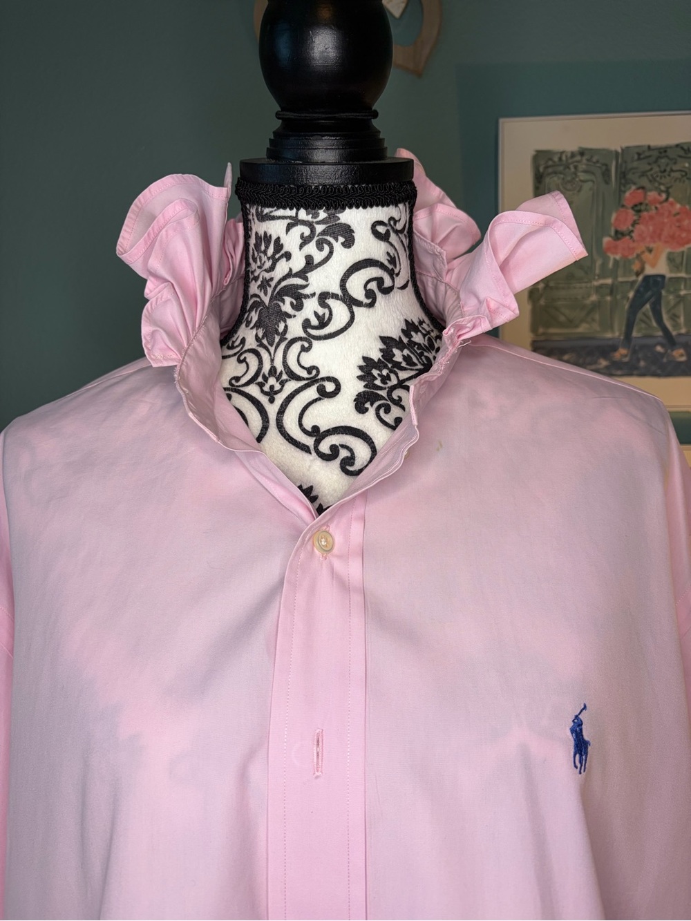Redesigned Upcycled Polo Ralph Lauren XL Pink Button Down Pastel Ruffle Collar